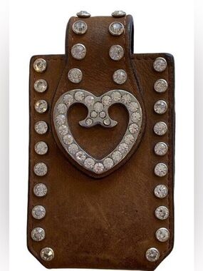 Vintage Western Brown Leather Holster Rhinestone Heart Studded mini belt cowgirl